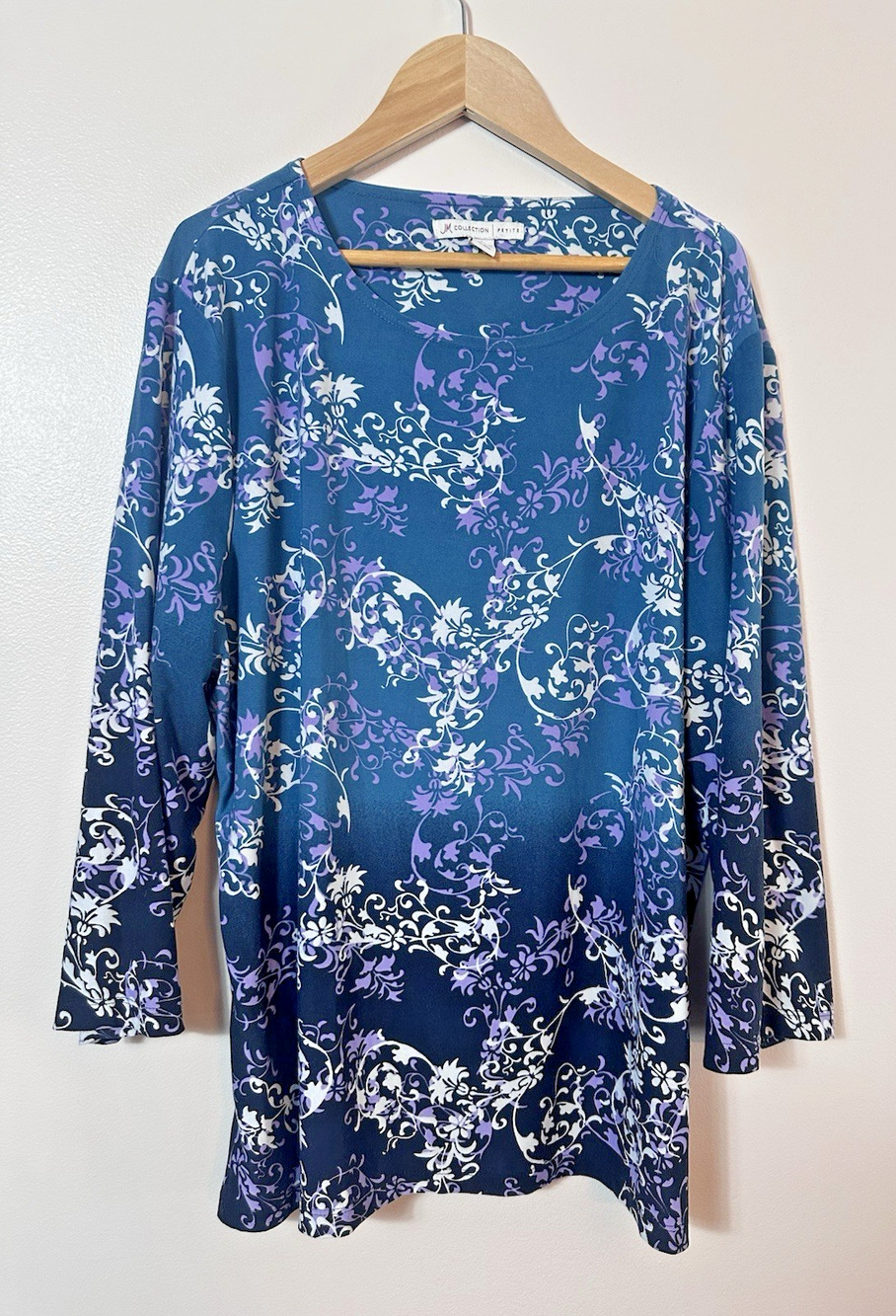 JM Collection Top Womens Petite XL PXL Blue Floral Scroll 3/4 Sleeve Tunic Beach